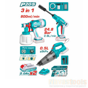 KIT HERRAMIENTAS 20V PULVERIZADORA,
HIDROLAVADORA Y ASPIRADORA TOTAL
